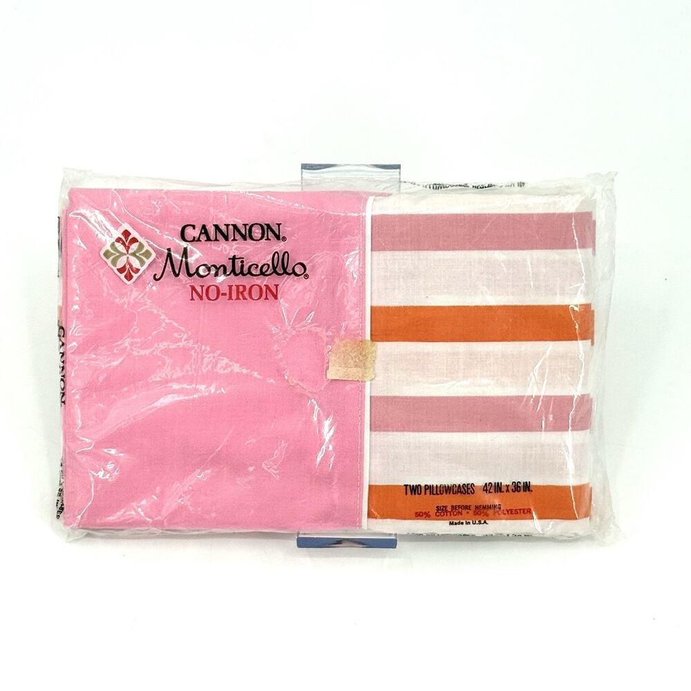 Vintage Cannon Monticello Pillowcases Pink Orange Stripe NOS 2 USA Standard 70s